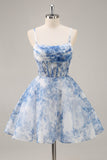 Flor Azul Branca Uma Linha Corset Ruched Homecoming Dress