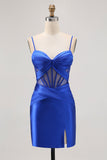 Royal Blue Sheer Corset plissado vestido apertado Homecoming com fenda