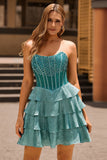 Peacock Verde A-Line Corset Tiered Strapless Homecoming Vestido