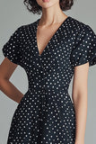 Vestido Verão Decote em V Midi Linha-A Ponto Branco Preto