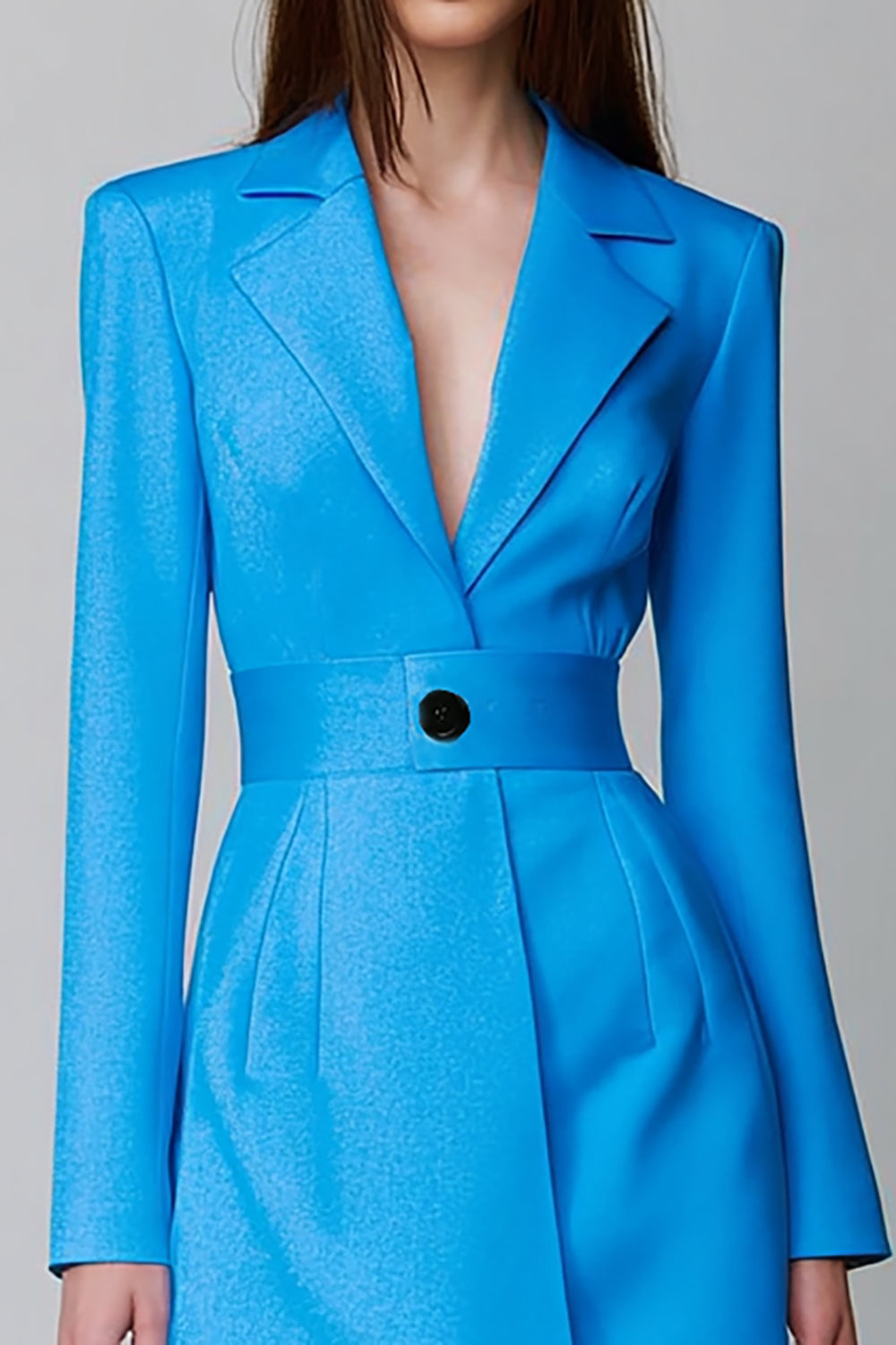 Vestido azul de mangas compridas Notched Lapela Blazer Curto