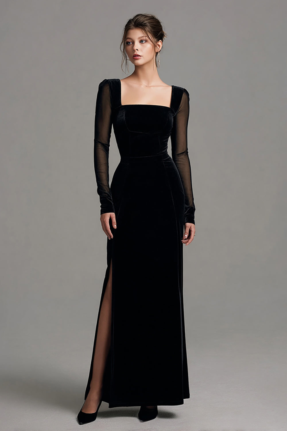 Velvet preto longo fenda vestido formal com mangas longas