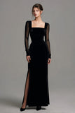 Velvet preto longo fenda vestido formal com mangas longas