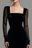 Velvet preto longo fenda vestido formal com mangas longas