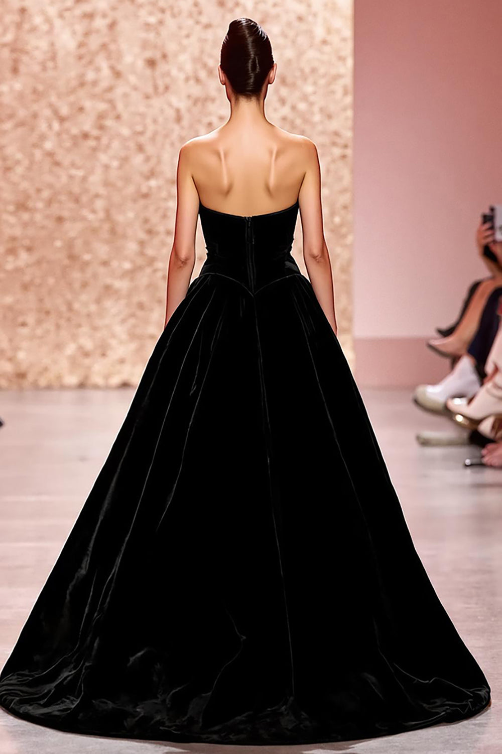 Veludo simples preto sem alças uma linha longo vestido de noite