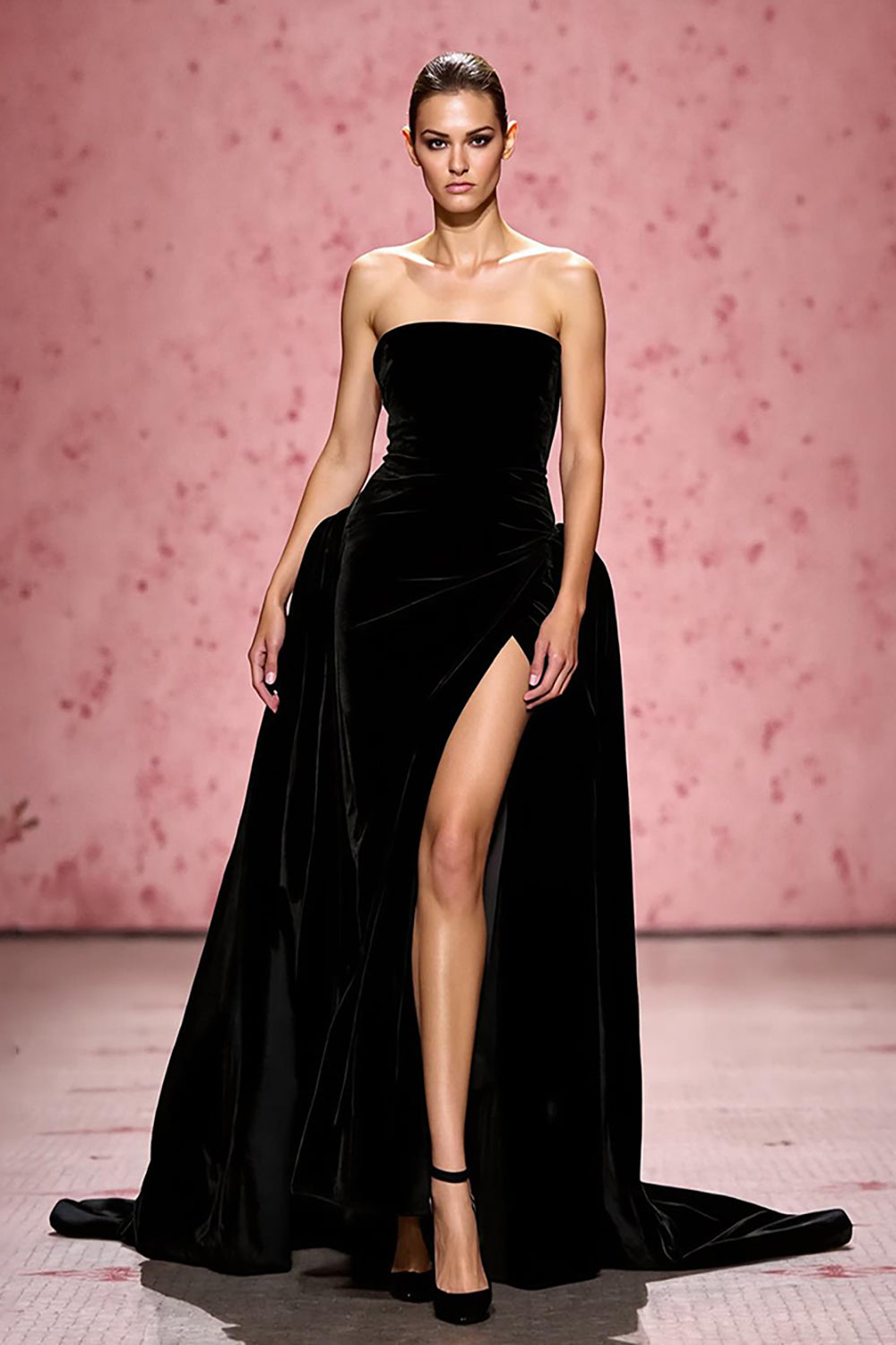 Preto Simples Uma Linha Veludo Strapless Vestido de Noite Longo com Fenda