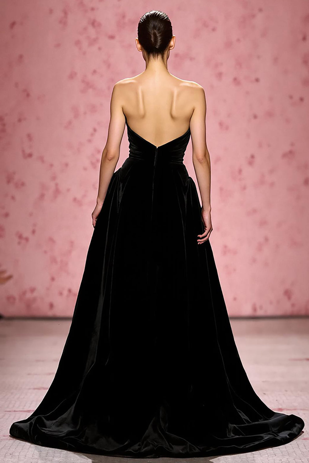 Preto Simples Uma Linha Veludo Strapless Vestido de Noite Longo com Fenda