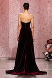 Dark Red Strapless Velvet Long Evening Dress