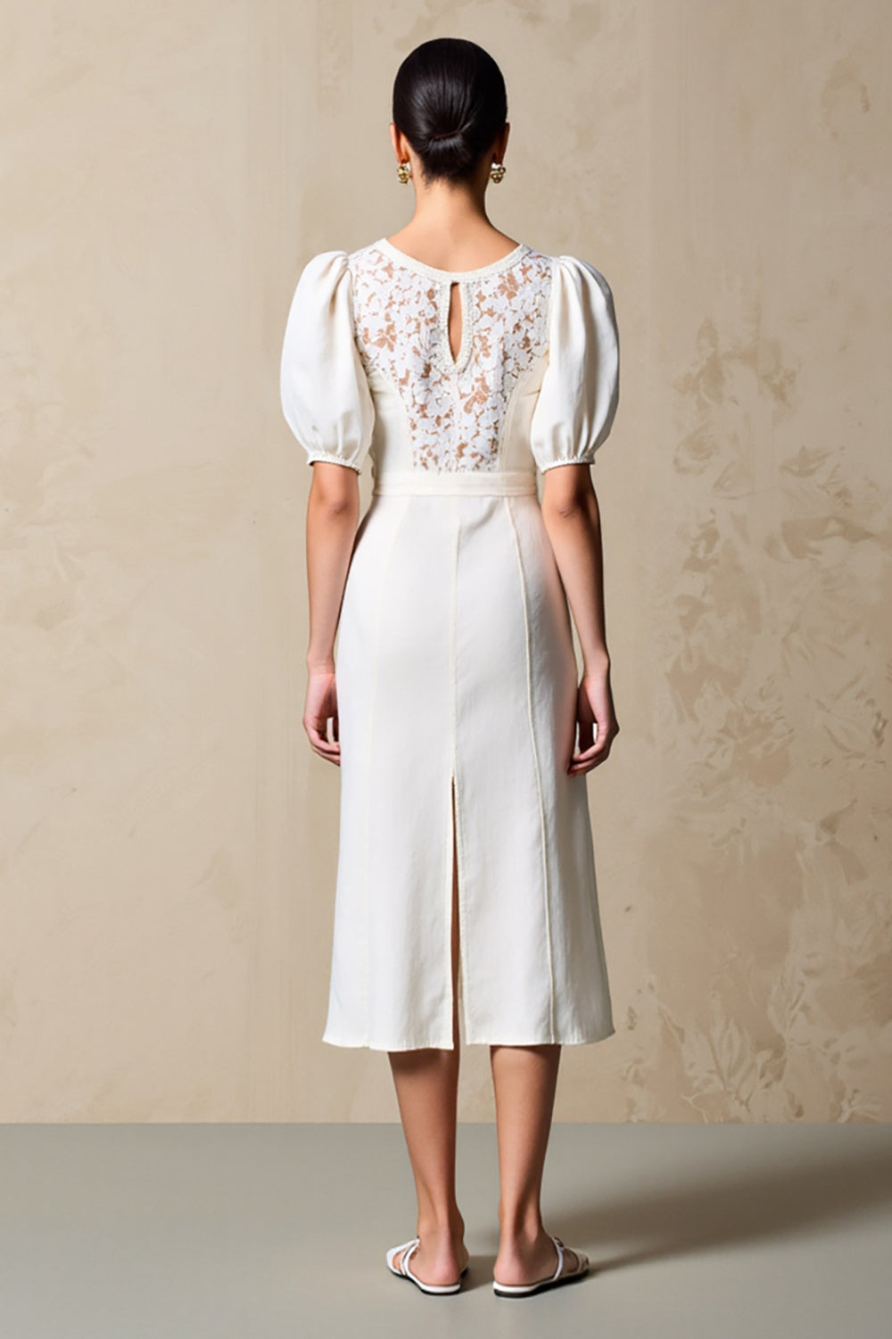 Ivory Bainha Puff Mangas Weddig Vestido de Convidado