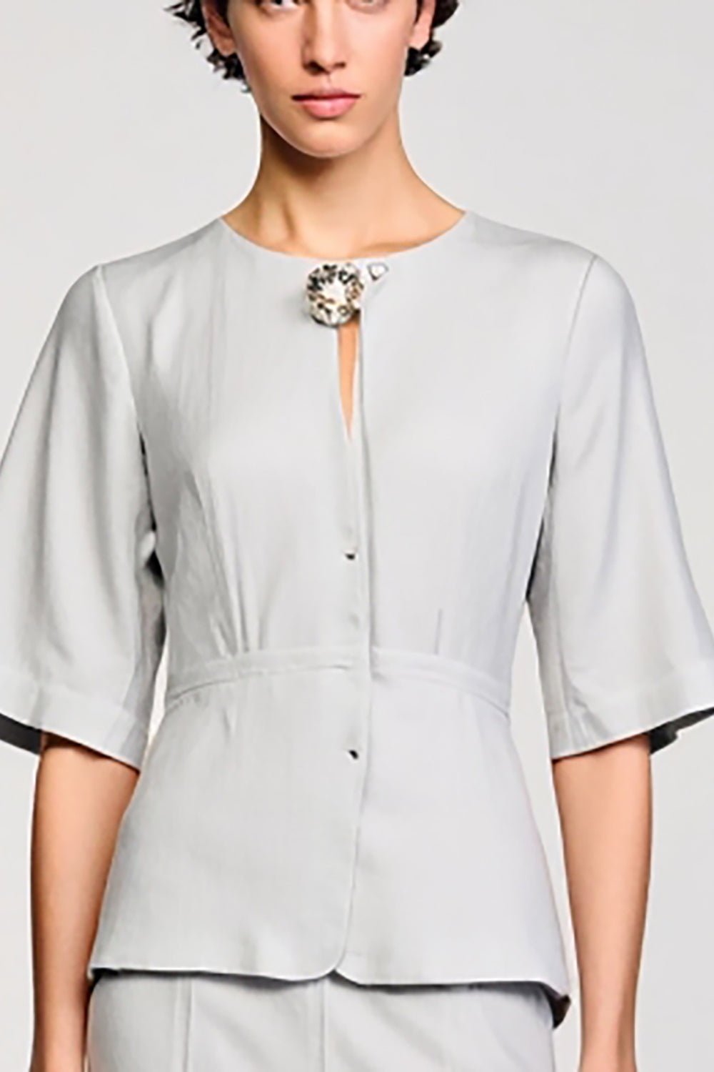 Cetim Cinzento 2 Peças Round Neck Midi Business Suits com Meia Manga