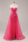 Fuchsia Corset Slit Strapless Long Prom Dress com Apliques