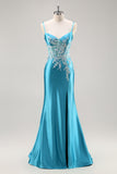 Sereia Cetim Corset Blue Prom Vestido com Missangas