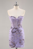 Strapless friso bodycon vestido roxo Homecoming com apliques