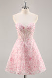 Espartilho cor-de-rosa A Line Strapless Homecoming Dress com apliques
