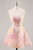 Espartilho Floral Sequin Strapless Rosa Homecoming Dress