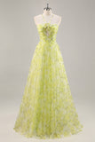 Floral verde amarelo Uma linha cortada longo vestido de baile