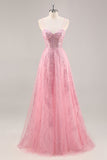 Espartilho rosa brilhante uma linha longo vestido de baile