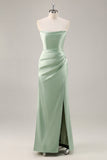 Sage Green cetim sem alças vestido longo dama de honra com fenda