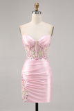 Candy Pink Satin Bodycon Short Corset Homecoming Vestido com Applique