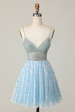 Brilhante Azul Claro V Pescoço Lantejoulas Uma Linha Homecoming Dress