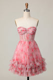 Floral vermelho sem alças estampado babado uma linha Homecoming Dress