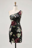 Flores Preto Bodycon Lantejoulas Um Ombro Mini Vestido Cocktail