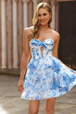 Branco Azul Flor Corset Cut out Strapless Homecoming Dress