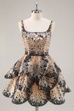 Preto Damasco Sequined Tiered A Line Homecoming Dress