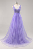 Glitter roxo uma linha longo vestido de baile com frisos