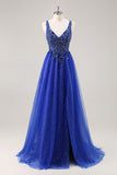 Glitter Royal Blue Beaded Uma Linha Long Prom Dress com Fenda