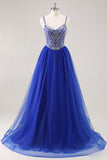 Royal Blue A Line Long Prom Dress com Missangas