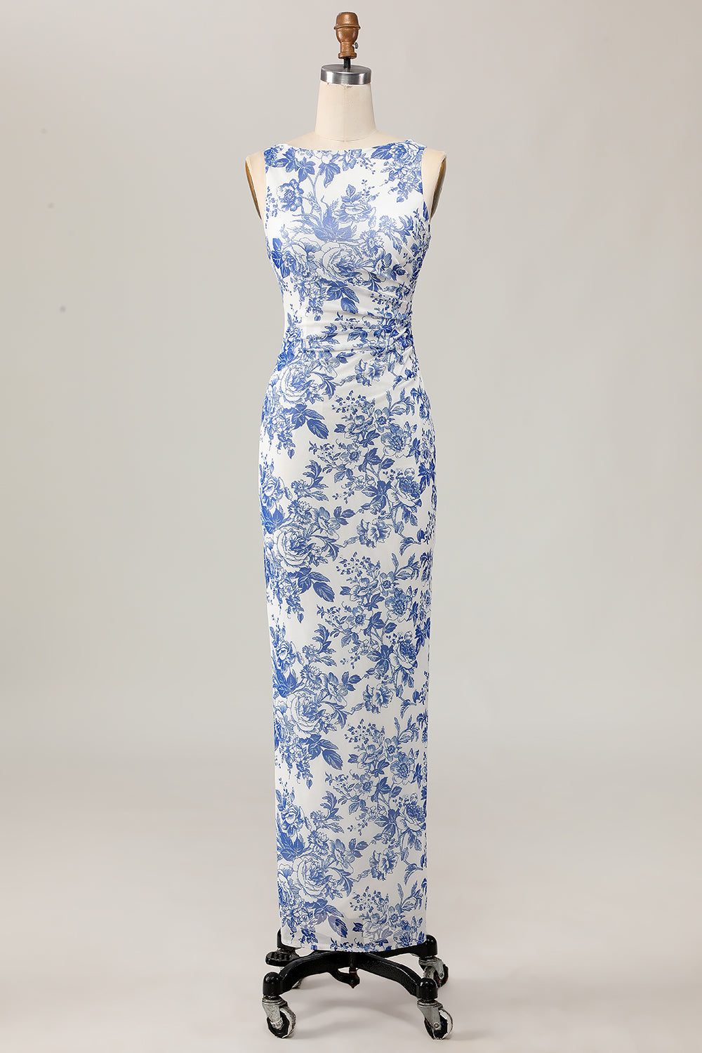 Floral estampado bodycon branco azul longo vestido de casamento convidado