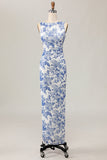 Floral estampado bodycon branco azul longo vestido de casamento convidado