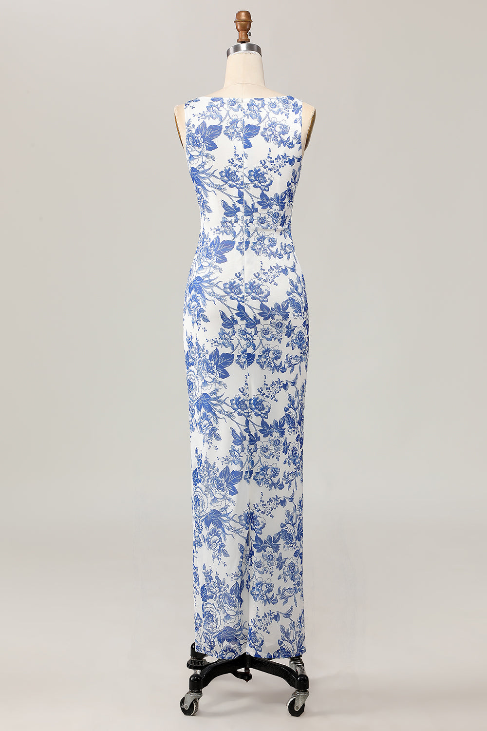 Floral estampado bodycon branco azul longo vestido de casamento convidado