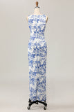 Floral estampado bodycon branco azul longo vestido de casamento convidado