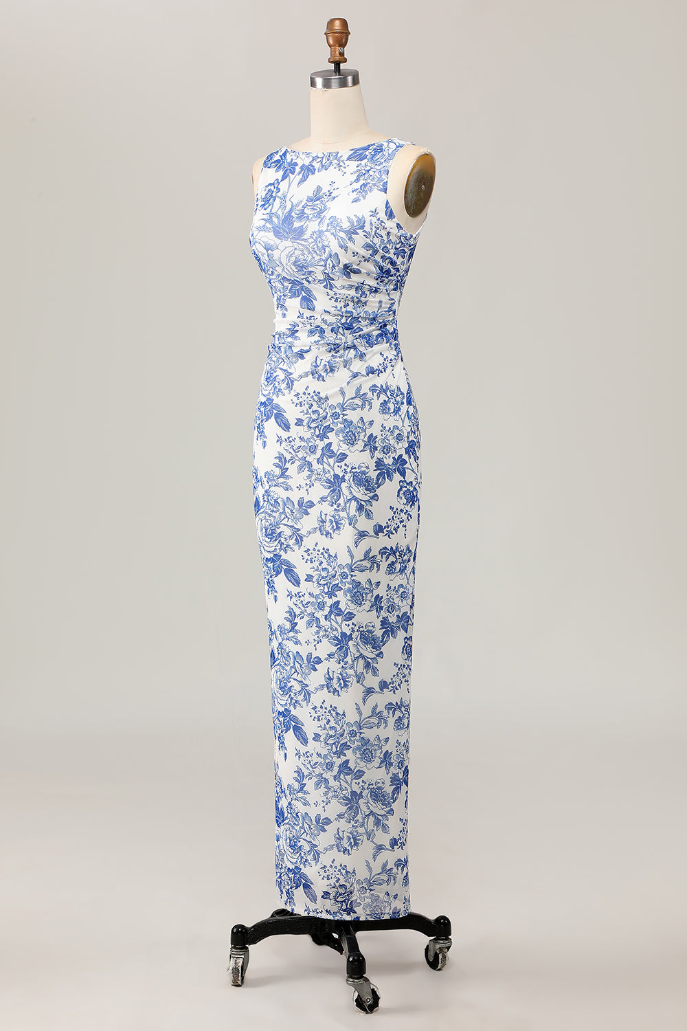 Floral estampado bodycon branco azul longo vestido de casamento convidado