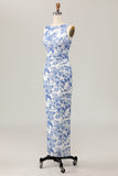 Floral estampado bodycon branco azul longo vestido de casamento convidado