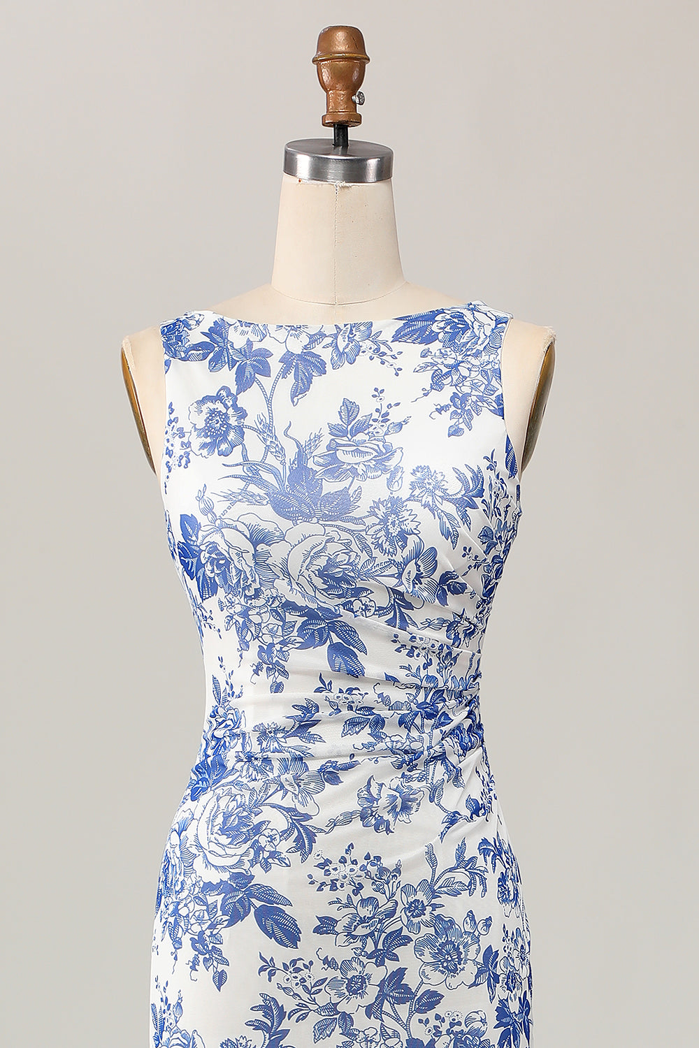 Floral estampado bodycon branco azul longo vestido de casamento convidado