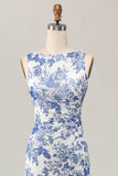 Floral estampado bodycon branco azul longo vestido de casamento convidado
