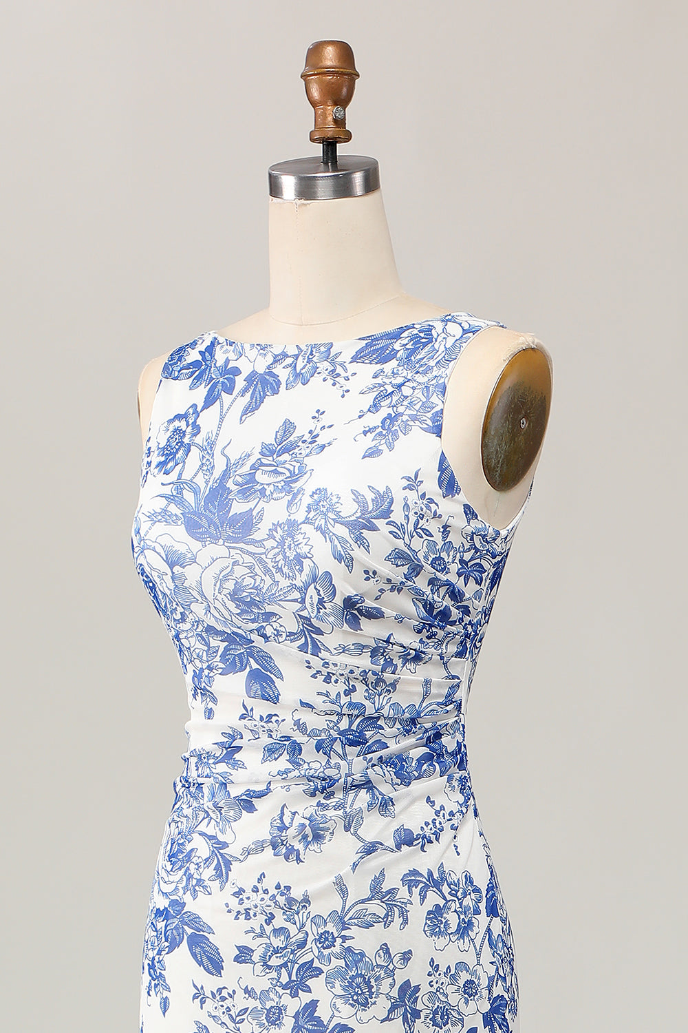 Floral estampado bodycon branco azul longo vestido de casamento convidado