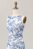 Floral estampado bodycon branco azul longo vestido de casamento convidado
