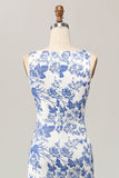 Floral estampado bodycon branco azul longo vestido de casamento convidado