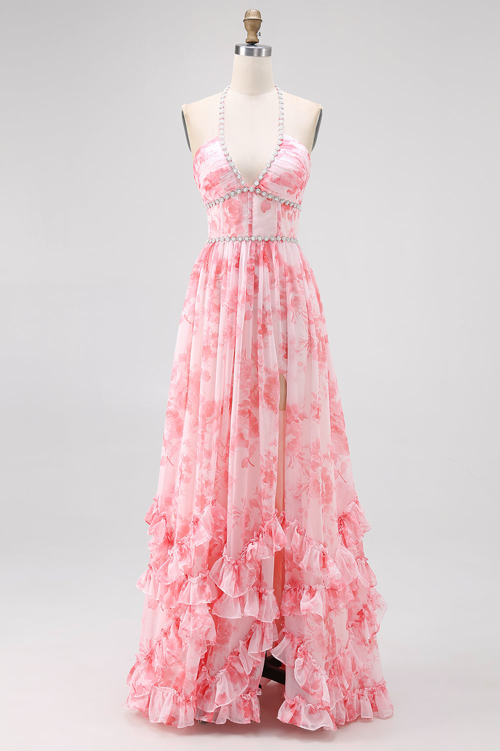 Blush frisado Halter estampado vestido de casamento floral convidado com fenda