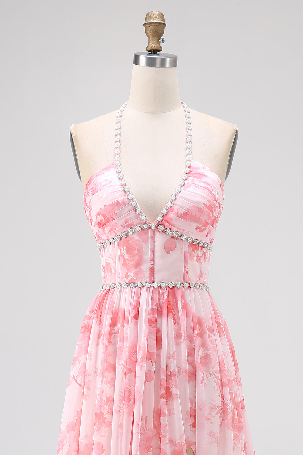 Blush frisado Halter estampado vestido de casamento floral convidado com fenda