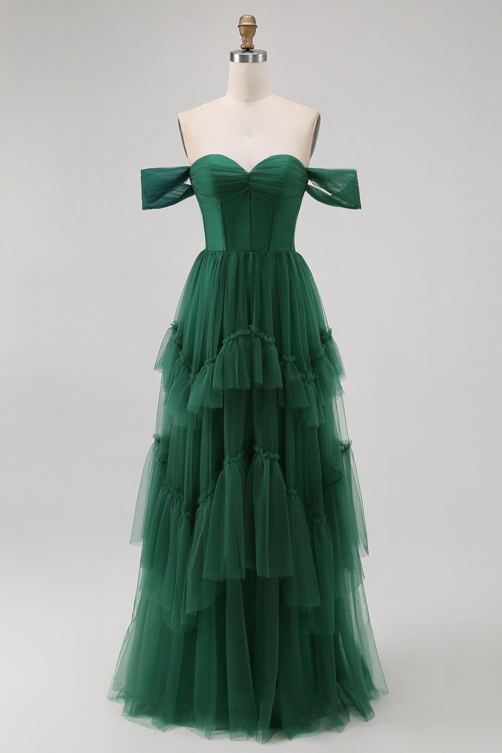 Tule Verde Escuro Tiered Ruffled Off The Shoulder A Line Vestido Madrinha