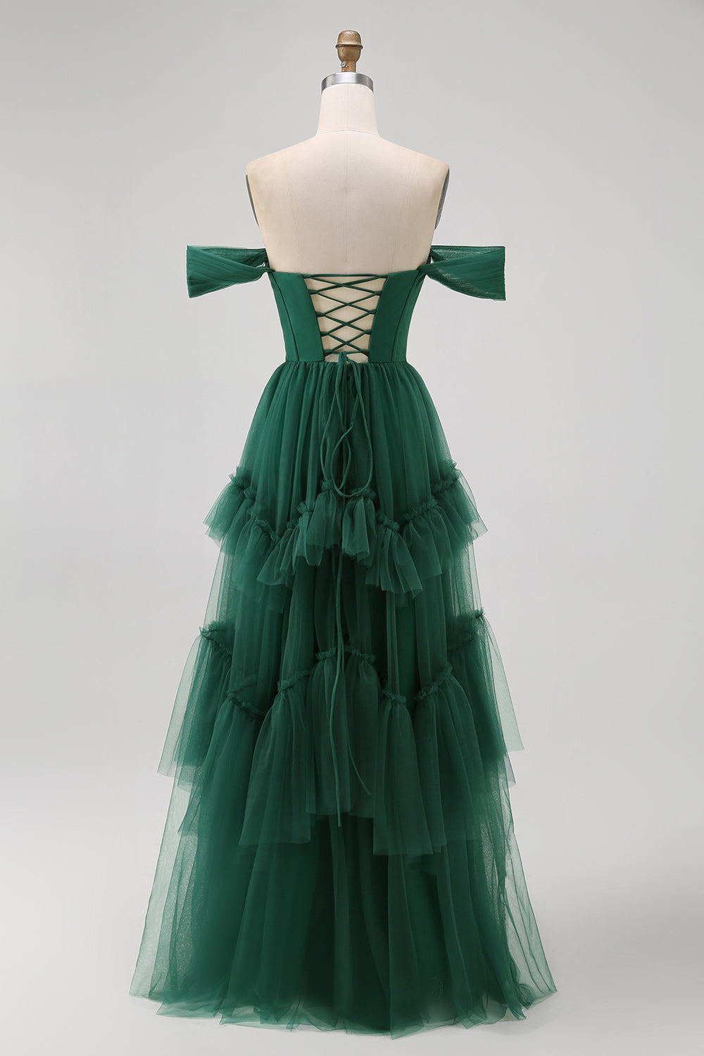 Tule Verde Escuro Tiered Ruffled Off The Shoulder A Line Vestido Madrinha