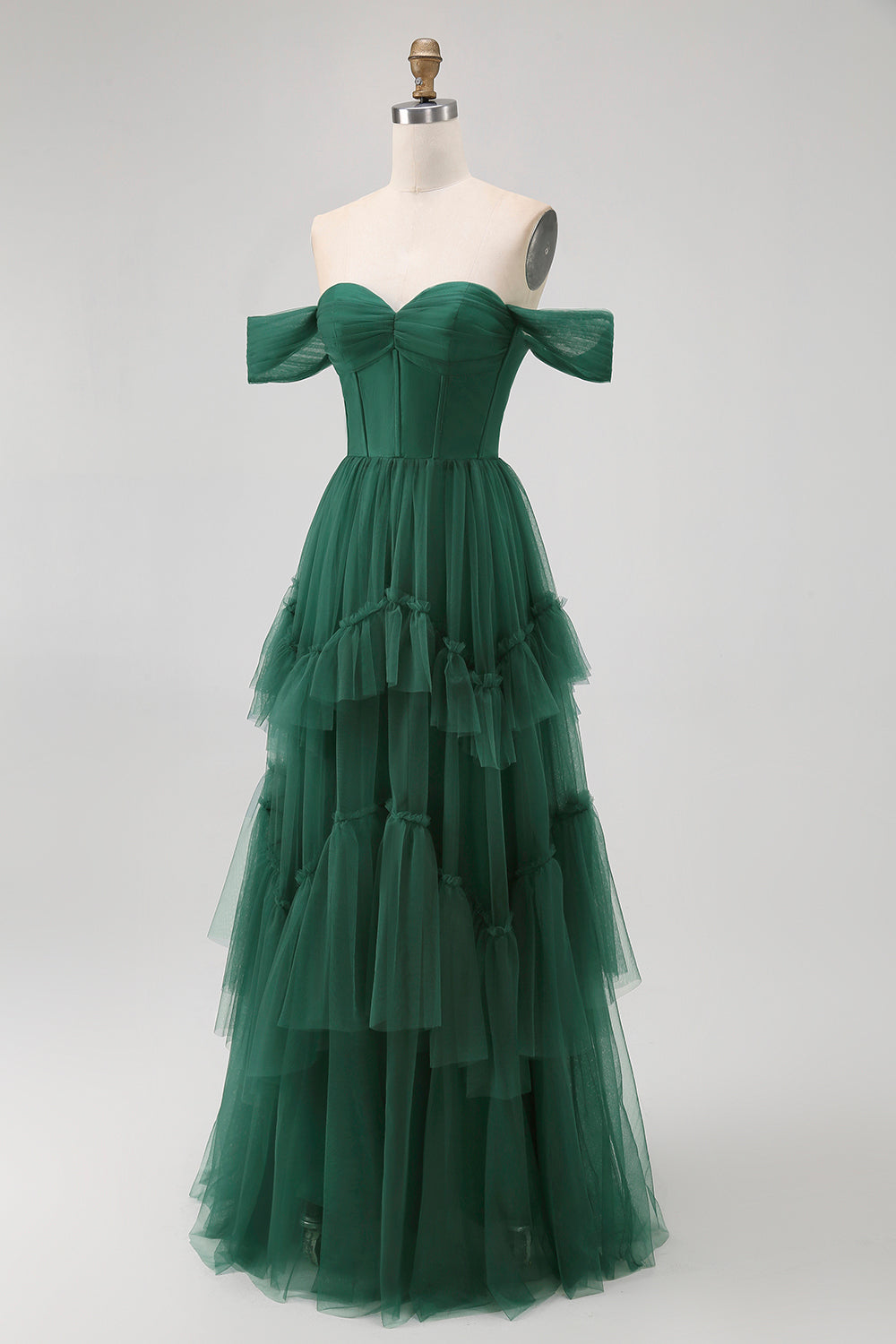 Tule Verde Escuro Tiered Ruffled Off The Shoulder A Line Vestido Madrinha