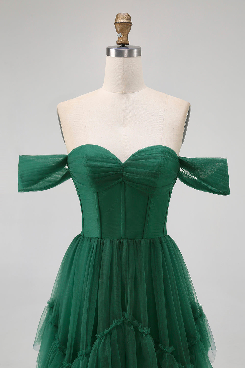Tule Verde Escuro Tiered Ruffled Off The Shoulder A Line Vestido Madrinha