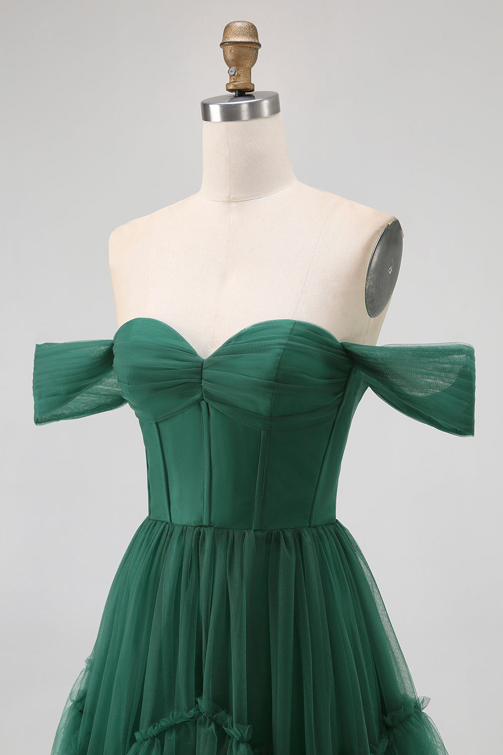 Tule Verde Escuro Tiered Ruffled Off The Shoulder A Line Vestido Madrinha