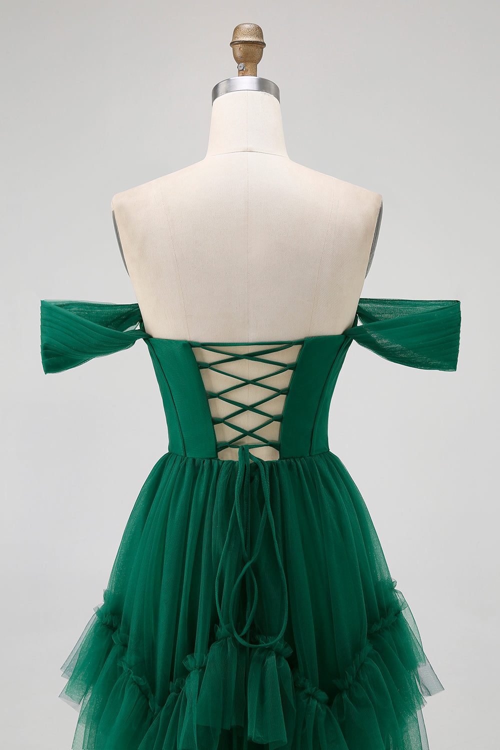 Tule Verde Escuro Tiered Ruffled Off The Shoulder A Line Vestido Madrinha